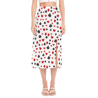 Red And Black Playing Card Suits Print Side Slit Midi Skirt