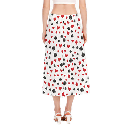 Red And Black Playing Card Suits Print Side Slit Midi Skirt