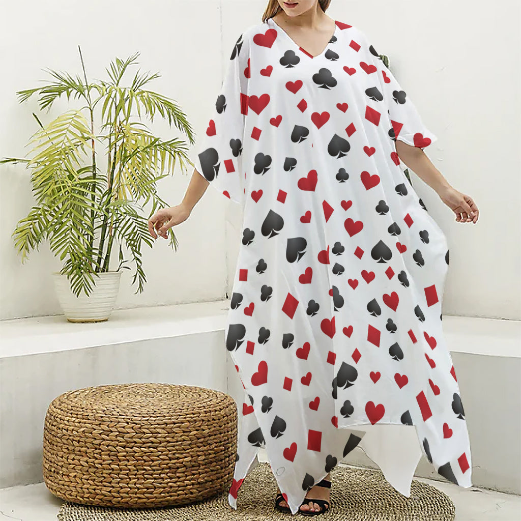 Red And Black Playing Card Suits Print Silk V-Neck Kaftan Dress