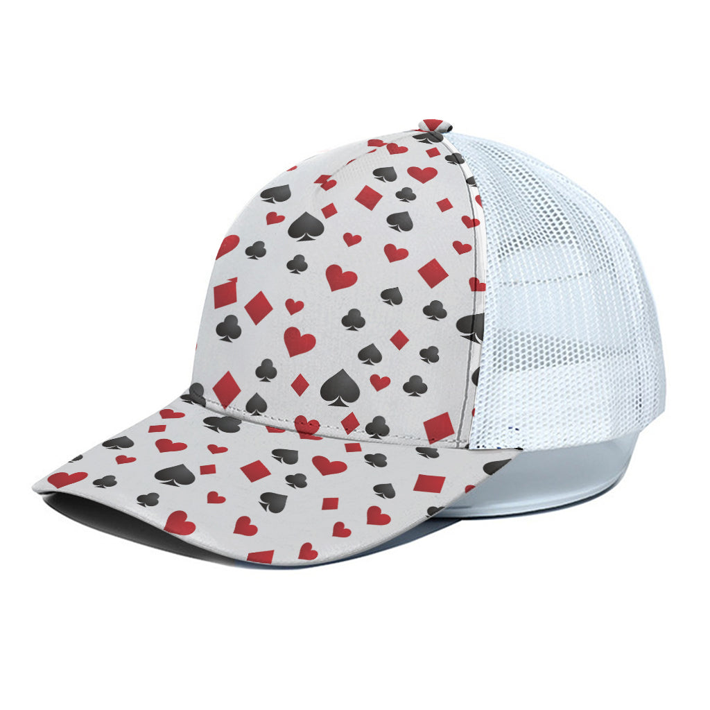 Red And Black Playing Card Suits Print White Mesh Trucker Cap