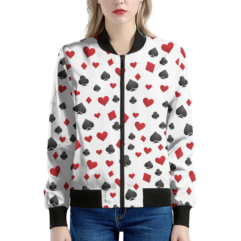 Red And Black Playing Card Suits Print Women's Bomber Jacket