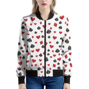 Red And Black Playing Card Suits Print Women's Bomber Jacket