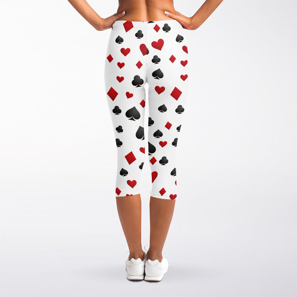 Red And Black Playing Card Suits Print Women's Capri Leggings