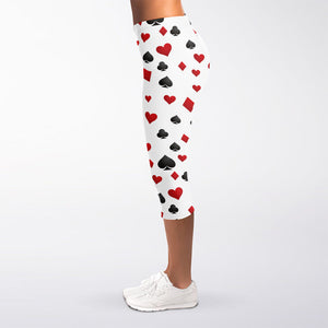 Red And Black Playing Card Suits Print Women's Capri Leggings