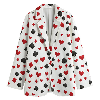 Red And Black Playing Card Suits Print Women's Cotton Blazer