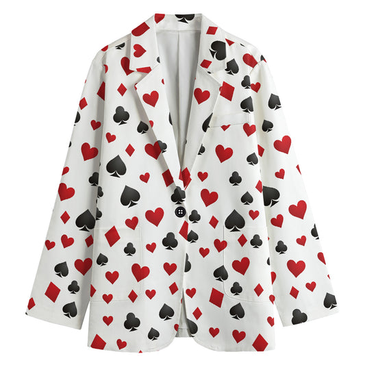 Red And Black Playing Card Suits Print Women's Cotton Blazer
