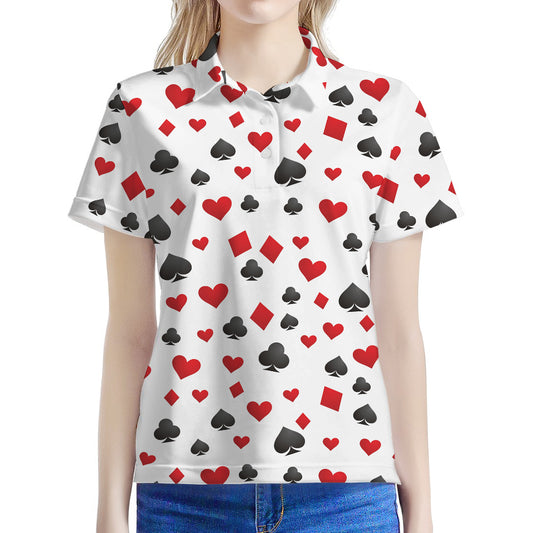 Red And Black Playing Card Suits Print Women's Polo Shirt