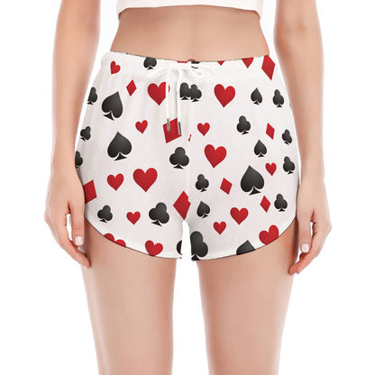 Red And Black Playing Card Suits Print Women's Split Running Shorts