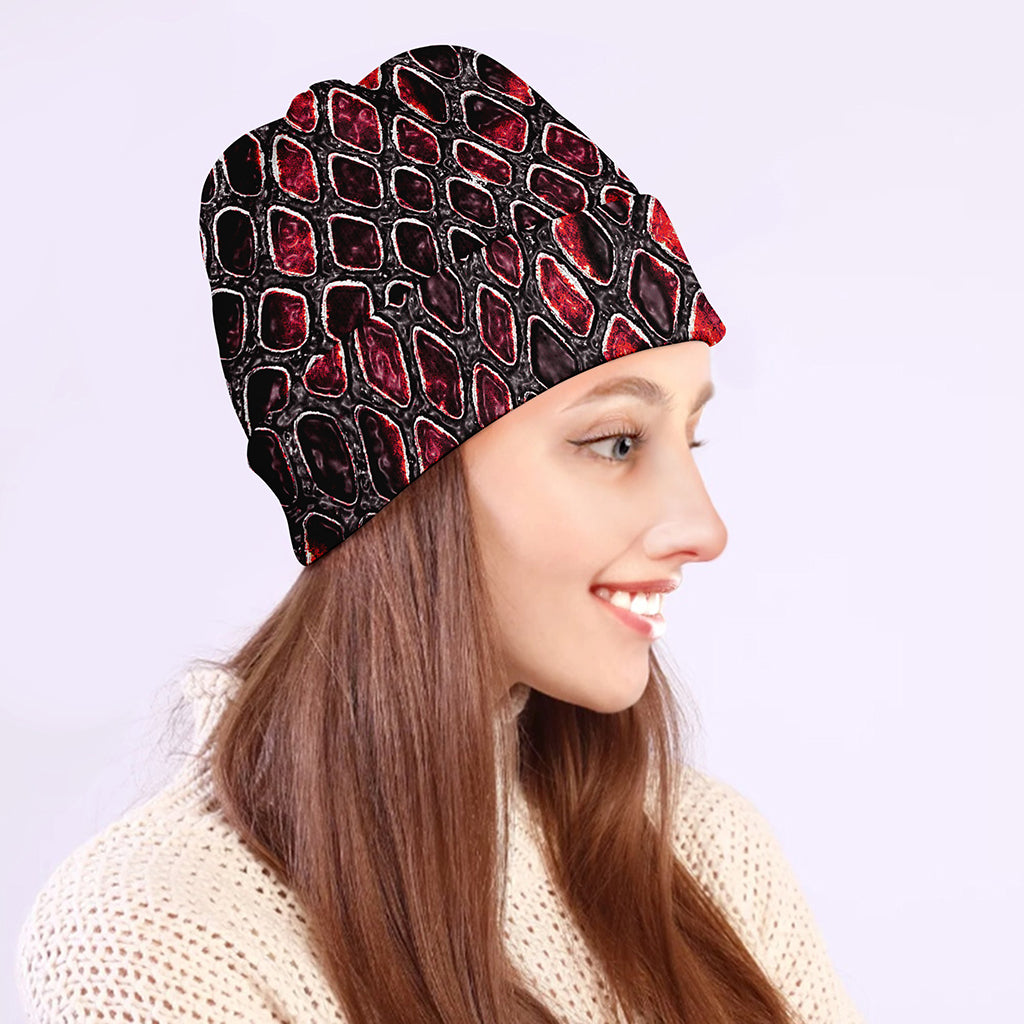 Red And Black Snakeskin Print Beanie
