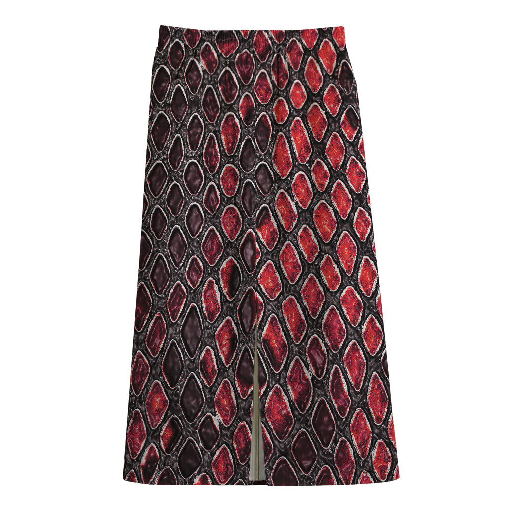 Red And Black Snakeskin Print Cotton Front Slit Maxi Skirt