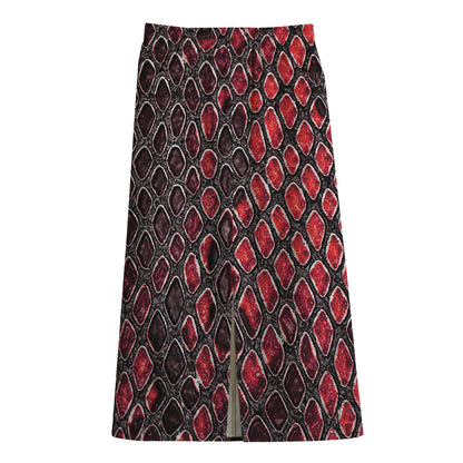 Red And Black Snakeskin Print Cotton Front Slit Maxi Skirt