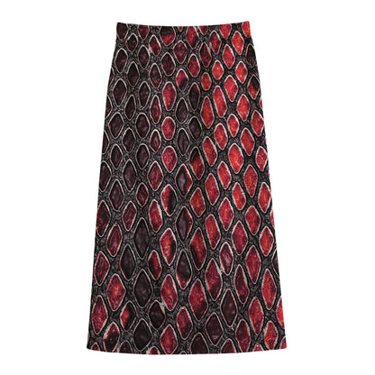 Red And Black Snakeskin Print Cotton Front Slit Maxi Skirt