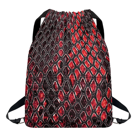 Red And Black Snakeskin Print Drawstring Backpack