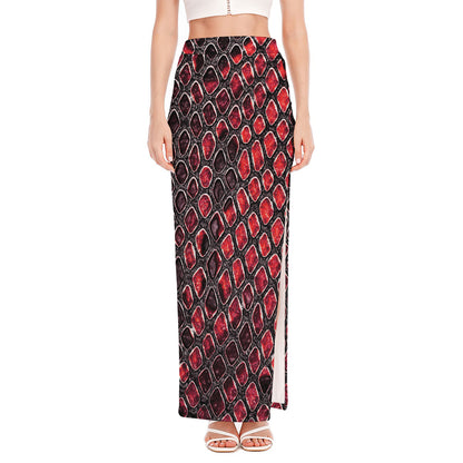 Red And Black Snakeskin Print High Slit Maxi Skirt