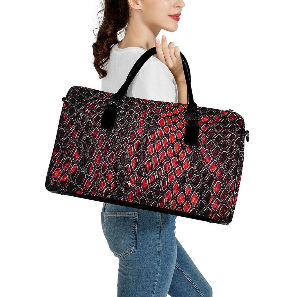 Red And Black Snakeskin Print Leather Duffle Bag