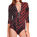 Red And Black Snakeskin Print Long Sleeve Swimsuit