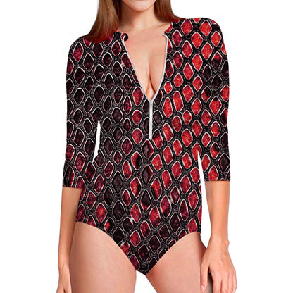 Red And Black Snakeskin Print Long Sleeve Swimsuit