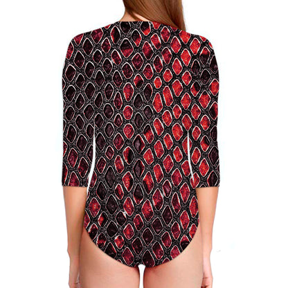 Red And Black Snakeskin Print Long Sleeve Swimsuit