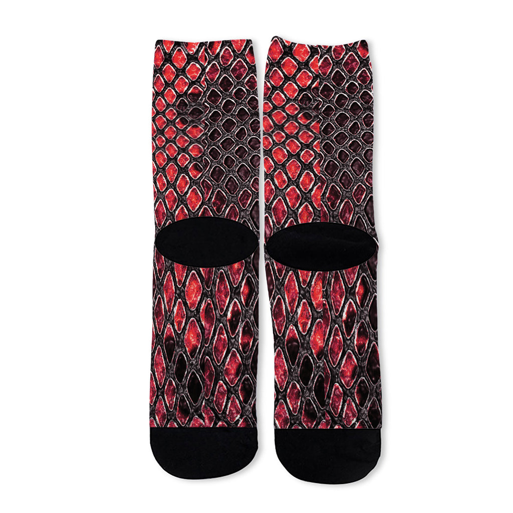 Red And Black Snakeskin Print Long Socks