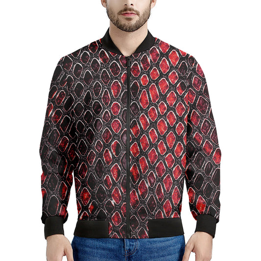 Red And Black Snakeskin Print Men's Bomber Jacket