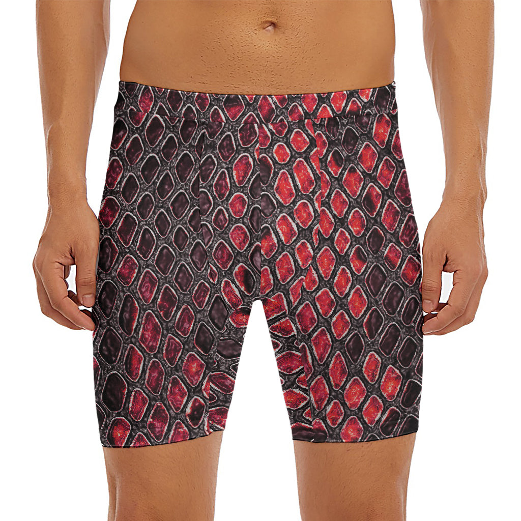 Red And Black Snakeskin Print Men's Long Boxer Briefs