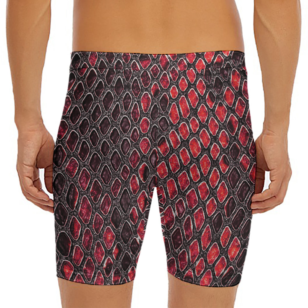 Red And Black Snakeskin Print Men's Long Boxer Briefs