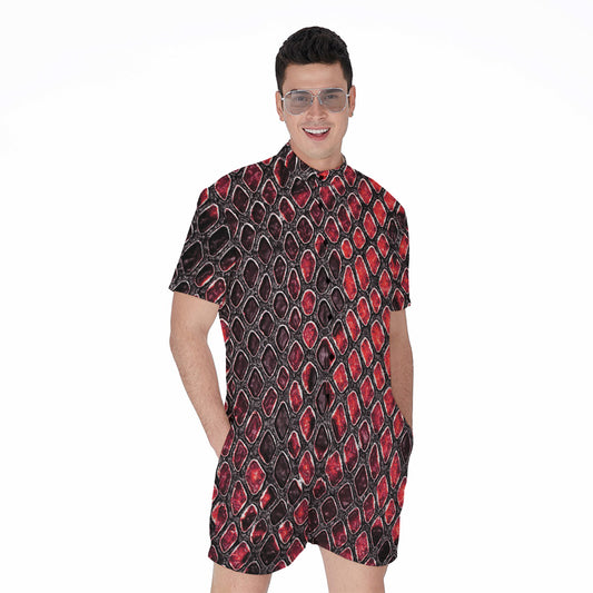 Red And Black Snakeskin Print Men's Rompers