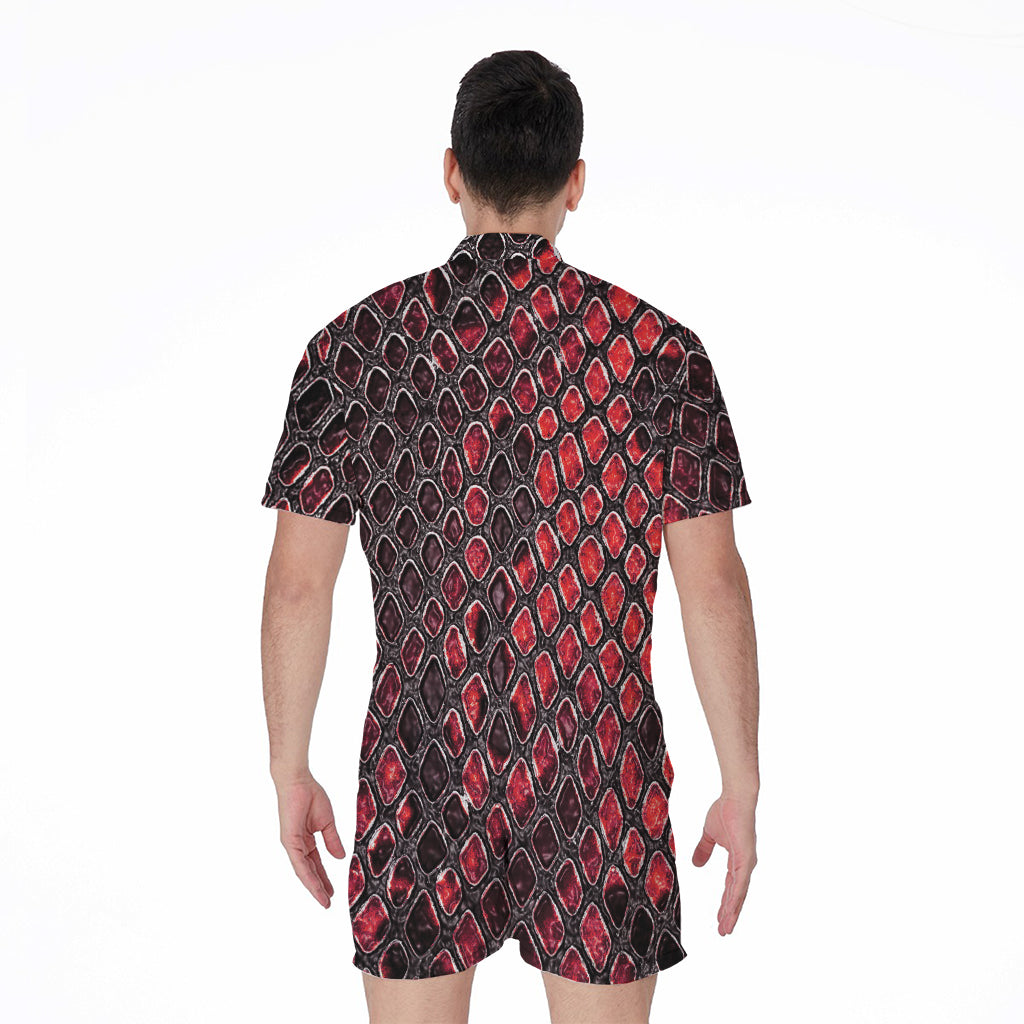 Red And Black Snakeskin Print Men's Rompers