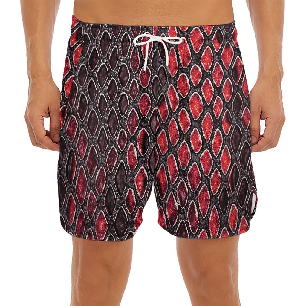 Red And Black Snakeskin Print Men's Split Running Shorts