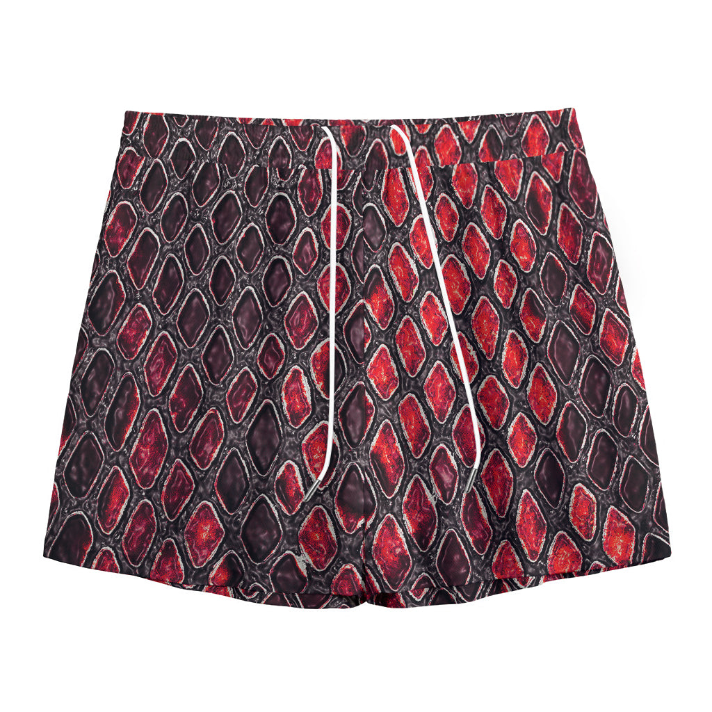 Red And Black Snakeskin Print Mesh Shorts
