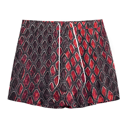 Red And Black Snakeskin Print Mesh Shorts