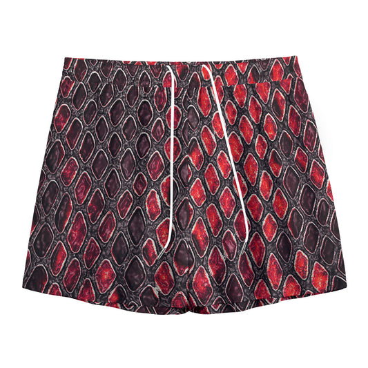 Red And Black Snakeskin Print Mesh Shorts