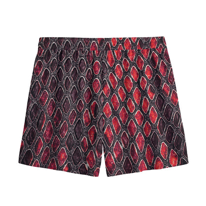 Red And Black Snakeskin Print Mesh Shorts