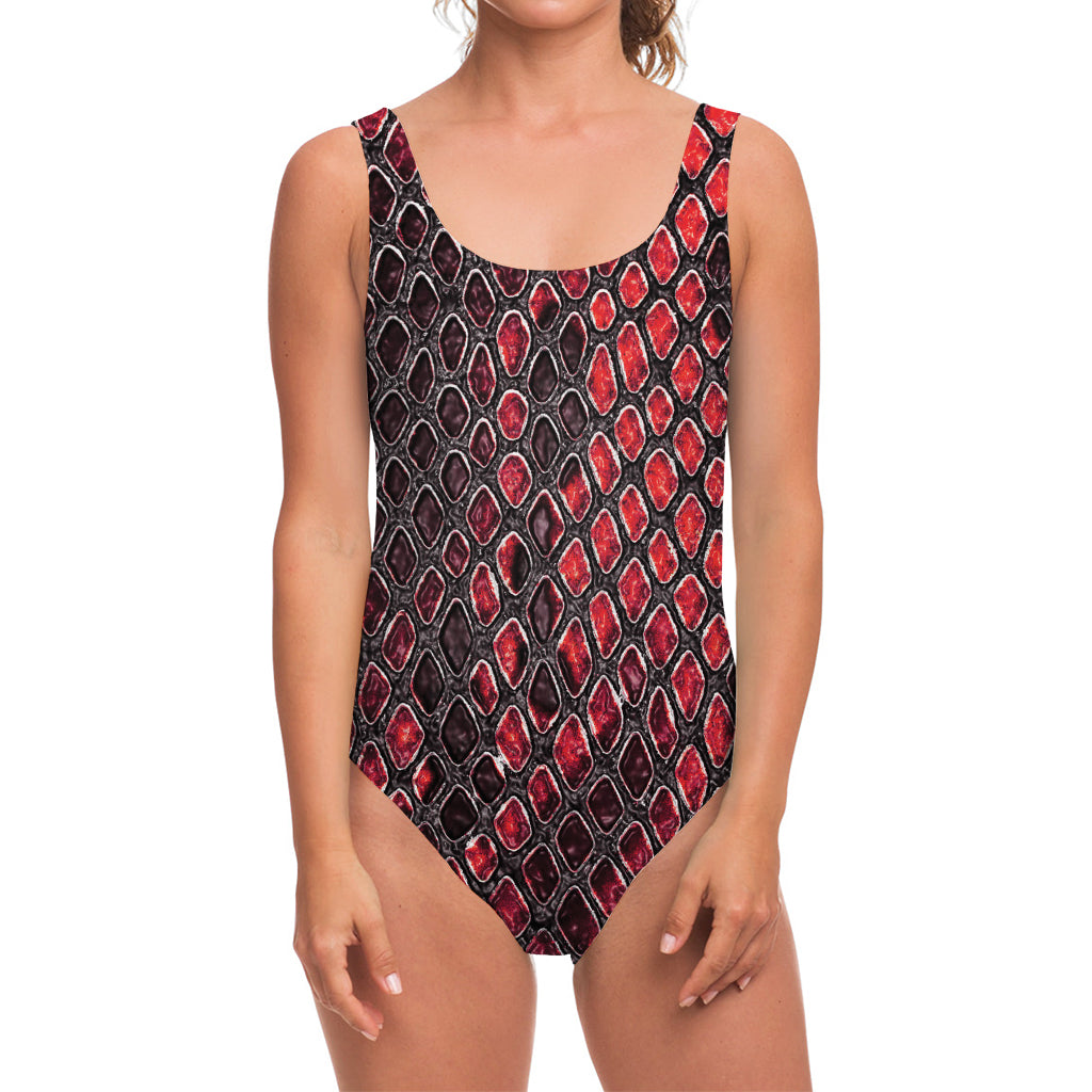 Red And Black Snakeskin Print One Piece Swimsuit