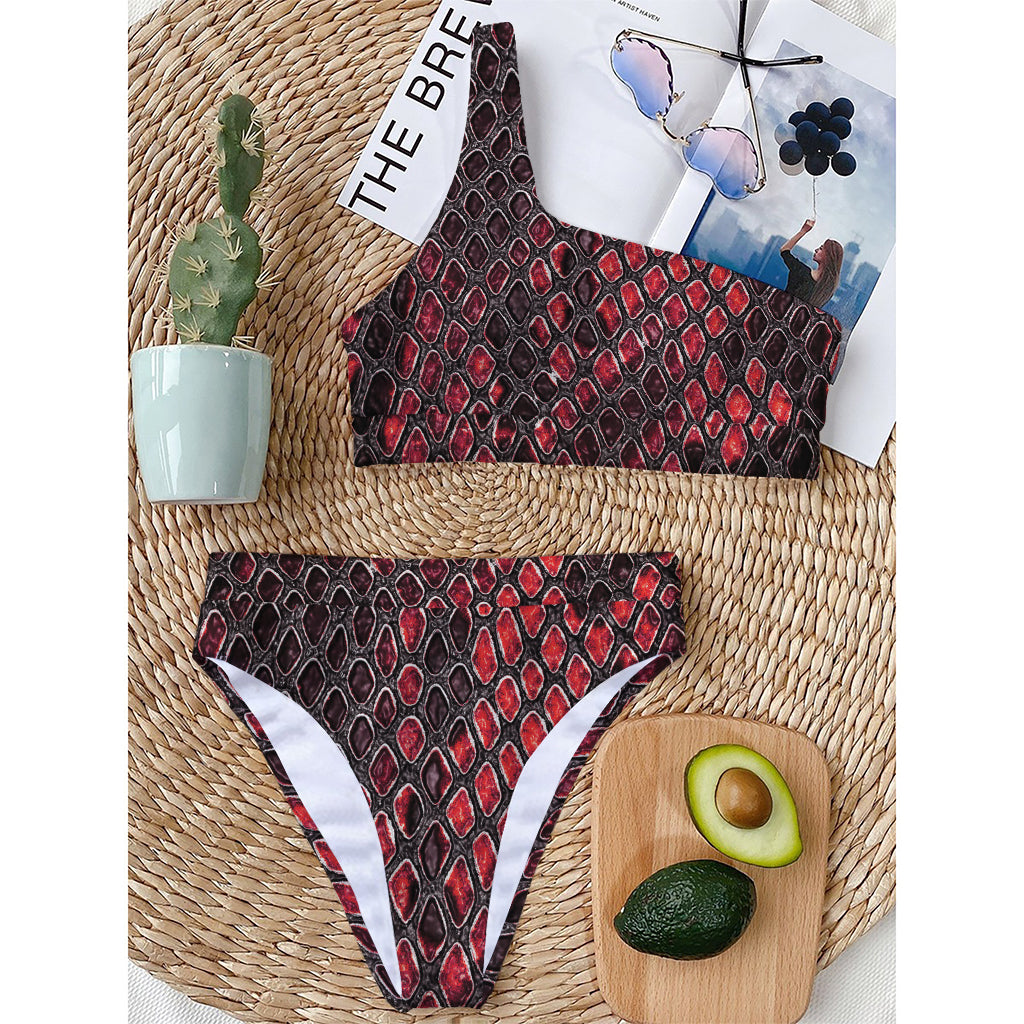Red And Black Snakeskin Print One Shoulder Bikini Top