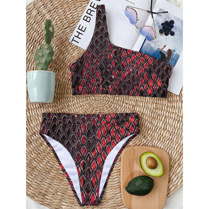 Red And Black Snakeskin Print One Shoulder Bikini Top