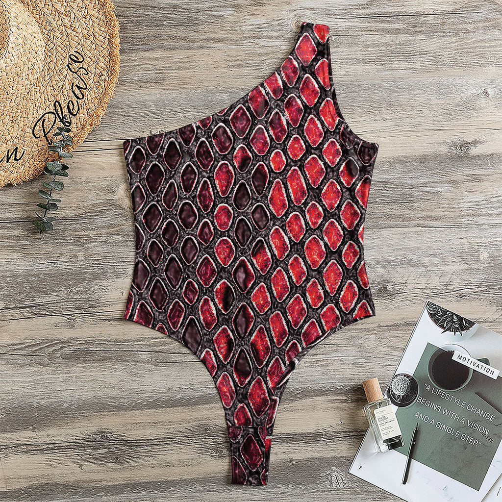 Red And Black Snakeskin Print One Shoulder Bodysuit