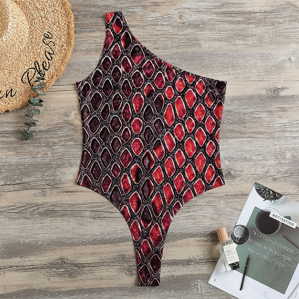 Red And Black Snakeskin Print One Shoulder Bodysuit