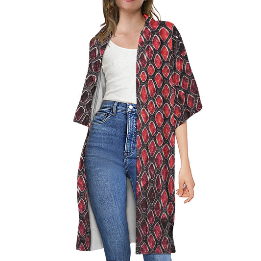Red And Black Snakeskin Print Open Front Beach Cover Up