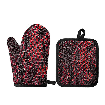 Red And Black Snakeskin Print Oven Mitt And Pot Holder Set