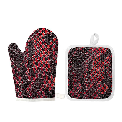 Red And Black Snakeskin Print Oven Mitt And Pot Holder Set
