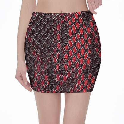 Red And Black Snakeskin Print Pencil Mini Skirt