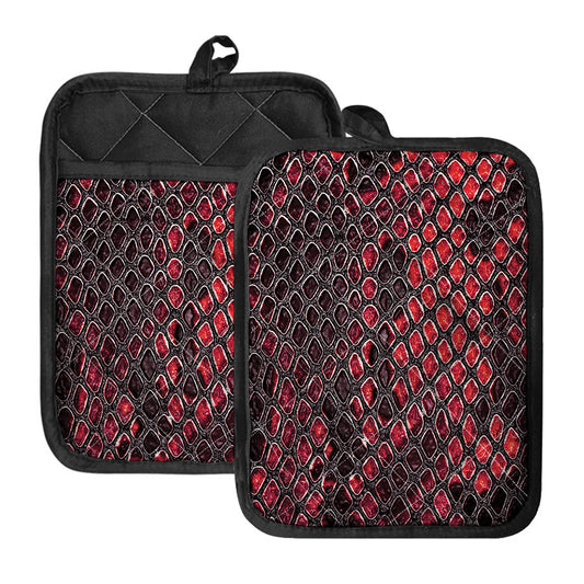 Red And Black Snakeskin Print Pot Holders With Pocket