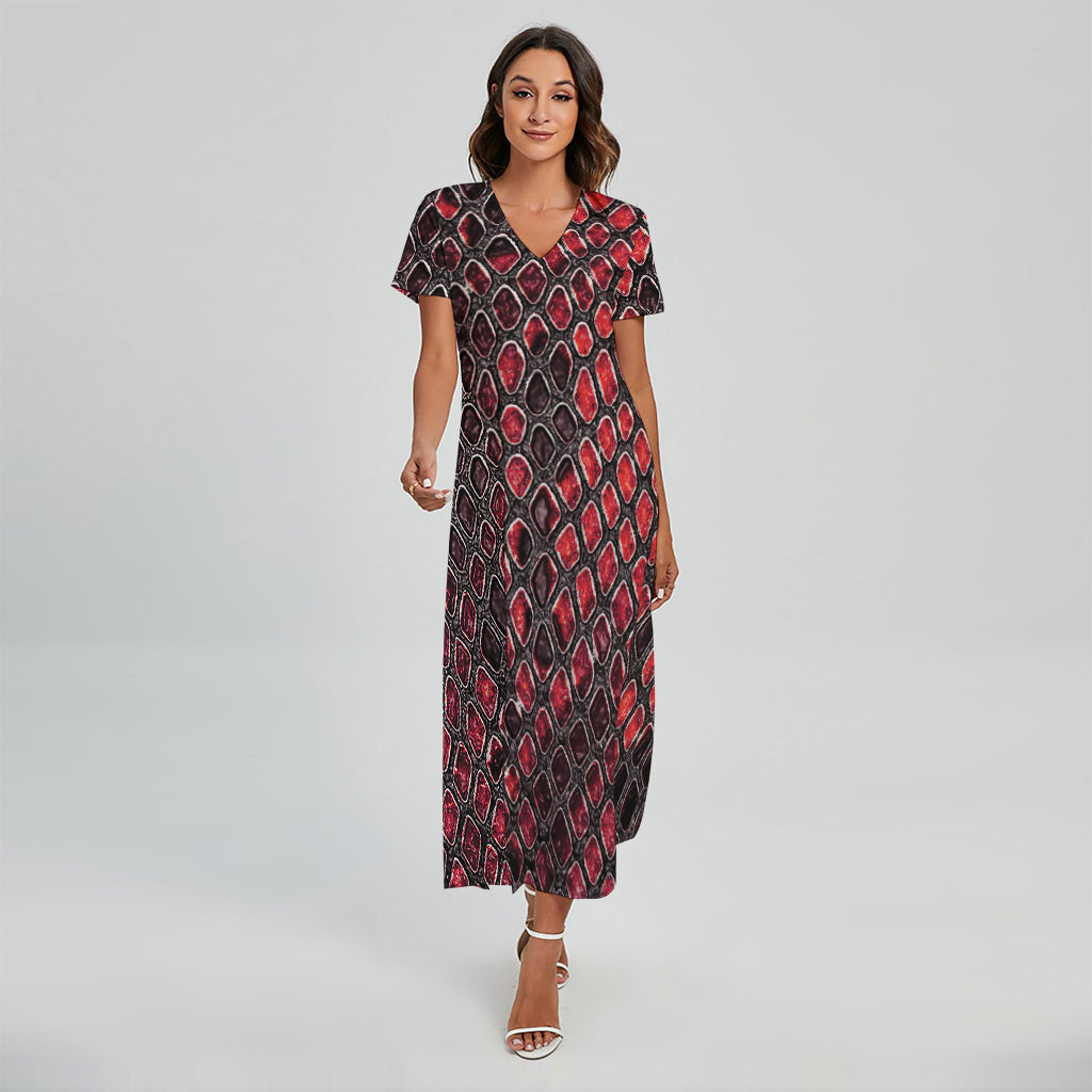 Red And Black Snakeskin Print Short Sleeve Maxi Dress