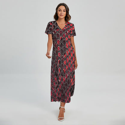 Red And Black Snakeskin Print Short Sleeve Maxi Dress