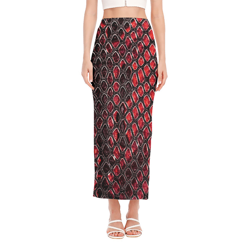 Red And Black Snakeskin Print Side Slit Maxi Skirt