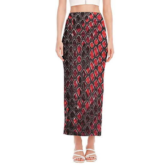 Red And Black Snakeskin Print Side Slit Maxi Skirt