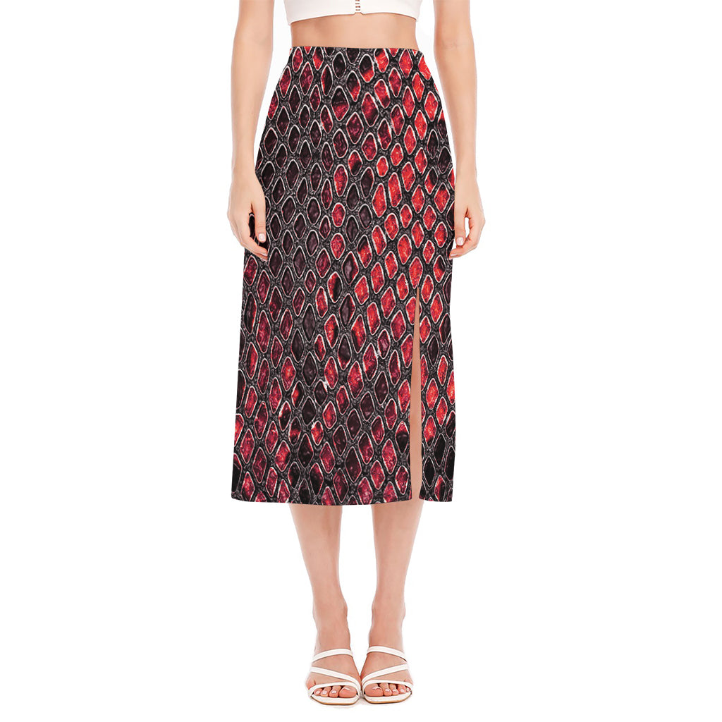 Red And Black Snakeskin Print Side Slit Midi Skirt