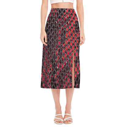 Red And Black Snakeskin Print Side Slit Midi Skirt