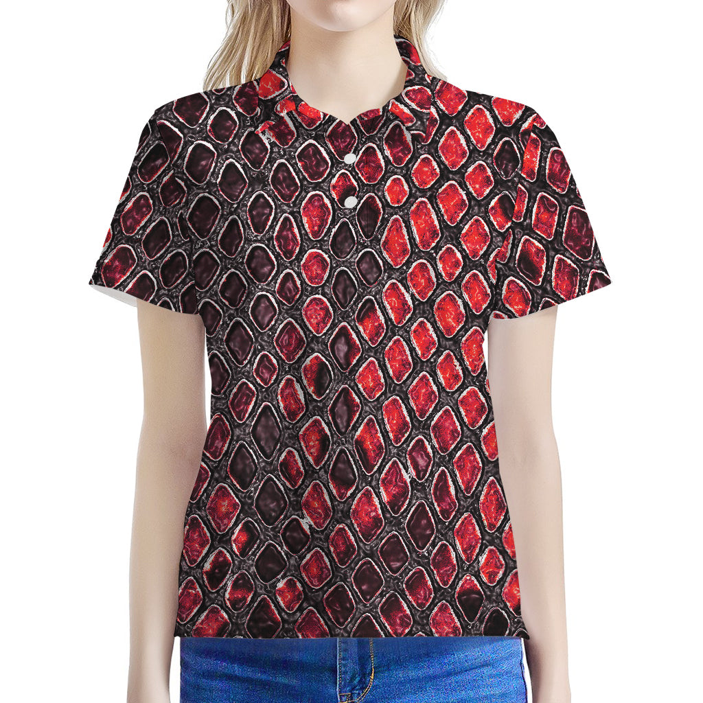 Red And Black Snakeskin Print Women's Polo Shirt